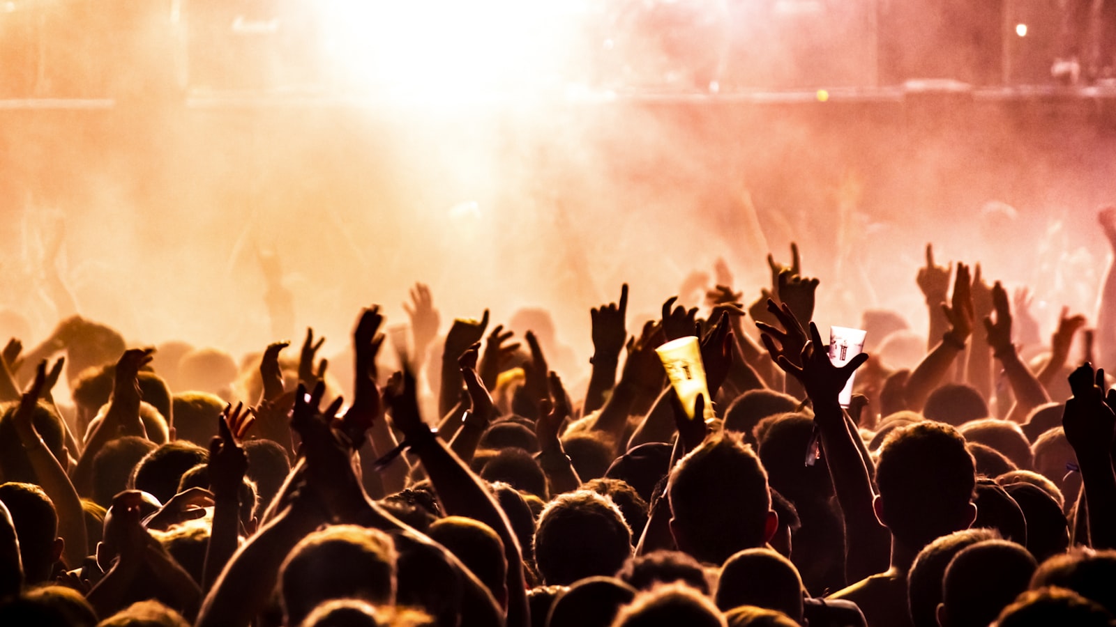 Concert crowd with hands raised in front of the stage