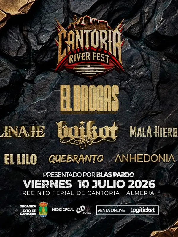 Cartel de Cantoria River Fest: La Fuga, Benito Kamelas, El Lilo, Los Lagartos, Quebranto